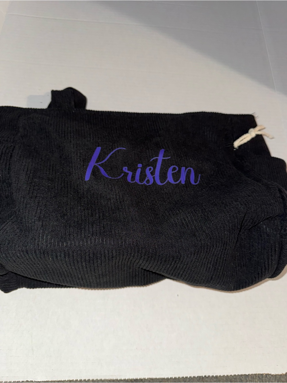 Personalized Black Corduroy Tote Bag with 'Kristen' Script